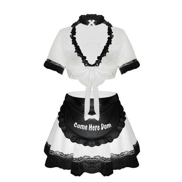 Paloli Cute French Maid Outfit, Featuring a Tied Up Top and Mini Lace Skirt,Letter Apron
