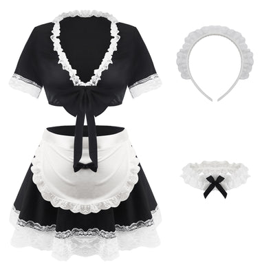 Paloli Cute French Maid Outfit, Featuring a Tied Up Top and Mini Lace Skirt