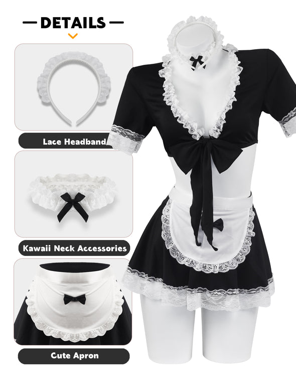 Paloli Cute French Maid Outfit, Featuring a Tied Up Top and Mini Lace Skirt