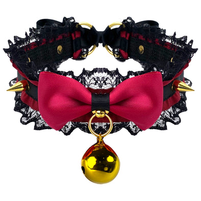 Gothic Black Red Choker Collar Necklace For Women, Vintage Lace and Studs with Red Bow, Kitty|Neko|Lolita|Witch|Vampire |Wednesday Maid Style Cosplay Choker Collar