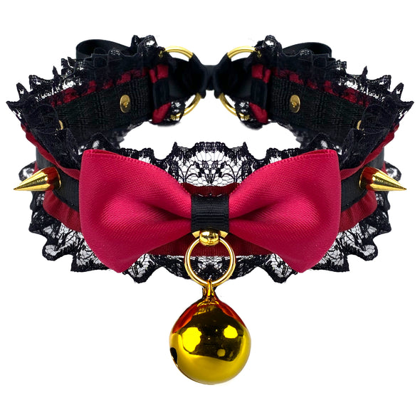 Gothic Black Red Choker Collar Necklace For Women, Vintage Lace and Studs with Red Bow, Kitty|Neko|Lolita|Witch|Vampire |Wednesday Maid Style Cosplay Choker Collar