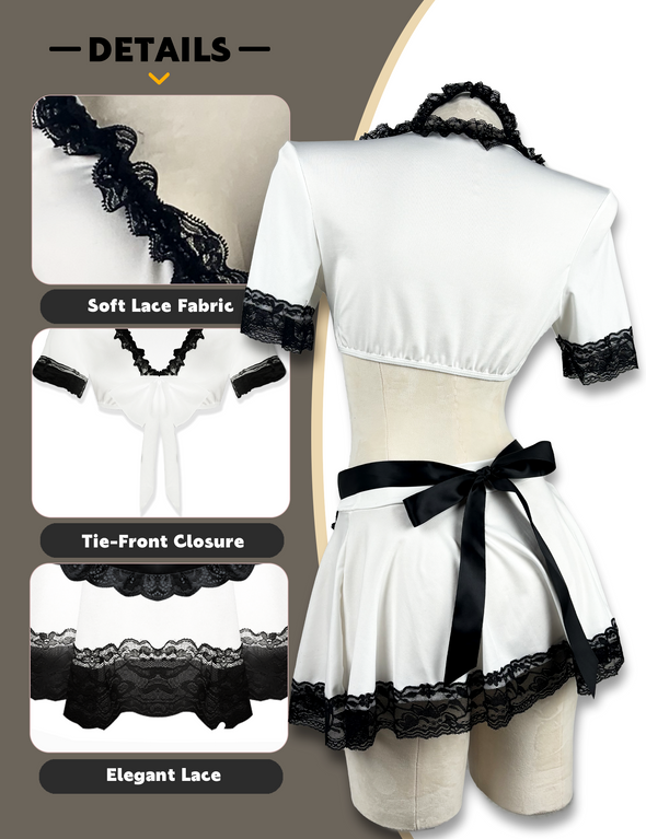Paloli Cute French Maid Outfit, Featuring a Tied Up Top and Mini Lace Skirt,Letter Apron