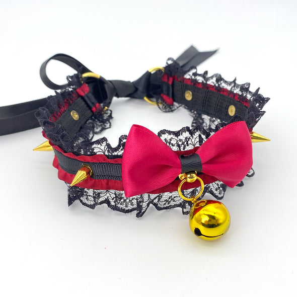 Gothic Black Red Choker Collar Necklace For Women, Vintage Lace and Studs with Red Bow, Kitty|Neko|Lolita|Witch|Vampire |Wednesday Maid Style Cosplay Choker Collar