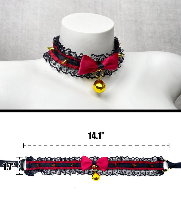 Gothic Black Red Choker Collar Necklace For Women, Vintage Lace and Studs with Red Bow, Kitty|Neko|Lolita|Witch|Vampire |Wednesday Maid Style Cosplay Choker Collar