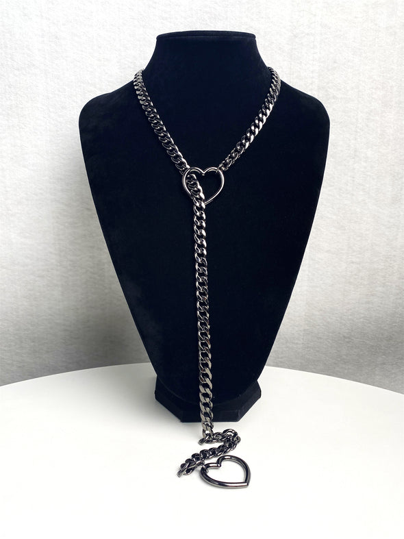 Women's Slip Chain Necklace, Heart Ring SlipChain, Long Cuban Chain Jewelry, Adjustable Y-Lariat Necklace