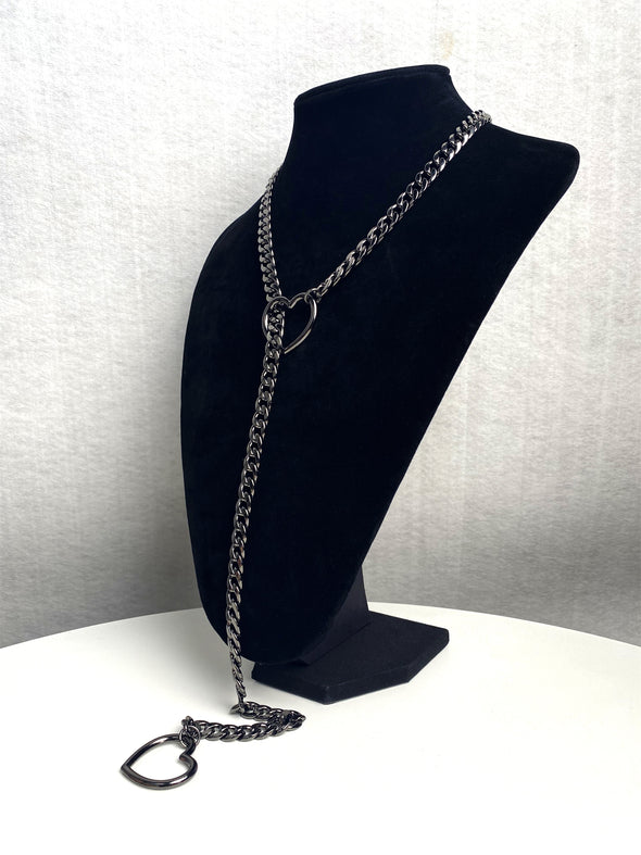 Women's Slip Chain Necklace, Heart Ring SlipChain, Long Cuban Chain Jewelry, Adjustable Y-Lariat Necklace