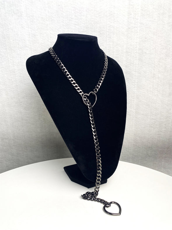 Women's Slip Chain Necklace, Heart Ring SlipChain, Long Cuban Chain Jewelry, Adjustable Y-Lariat Necklace