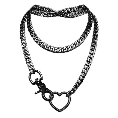 Paloli Women's Black Heart O-Ring Slip Chain Necklace Adjustable Layered Cuban Chain Y-Necklace | Chunky Heart Loop Choker Jewelry for Women