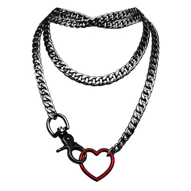 Paloli Women's Red Heart O-Ring Slip Chain Necklace Adjustable Layered Cuban Chain Y-Necklace | Chunky Heart Loop Choker Jewelry for Women