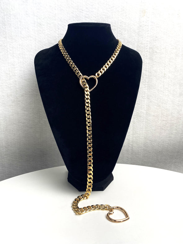 Women's Slip Chain Necklace, Heart Ring SlipChain, Long Cuban Chain Jewelry, Adjustable Y-Lariat Necklace