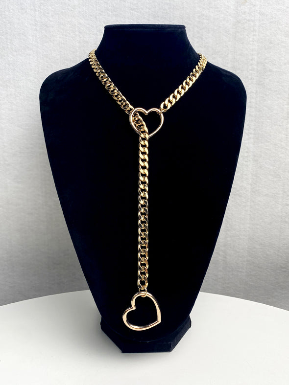 Women's Slip Chain Necklace, Heart Ring SlipChain, Long Cuban Chain Jewelry, Adjustable Y-Lariat Necklace