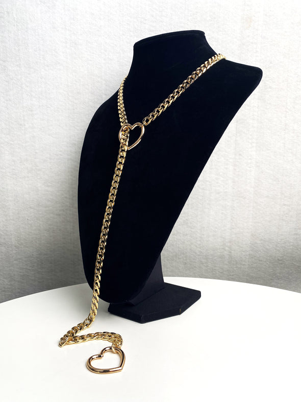 Women's Slip Chain Necklace, Heart Ring SlipChain, Long Cuban Chain Jewelry, Adjustable Y-Lariat Necklace