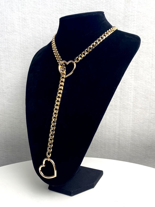 Women's Slip Chain Necklace, Heart Ring SlipChain, Long Cuban Chain Jewelry, Adjustable Y-Lariat Necklace