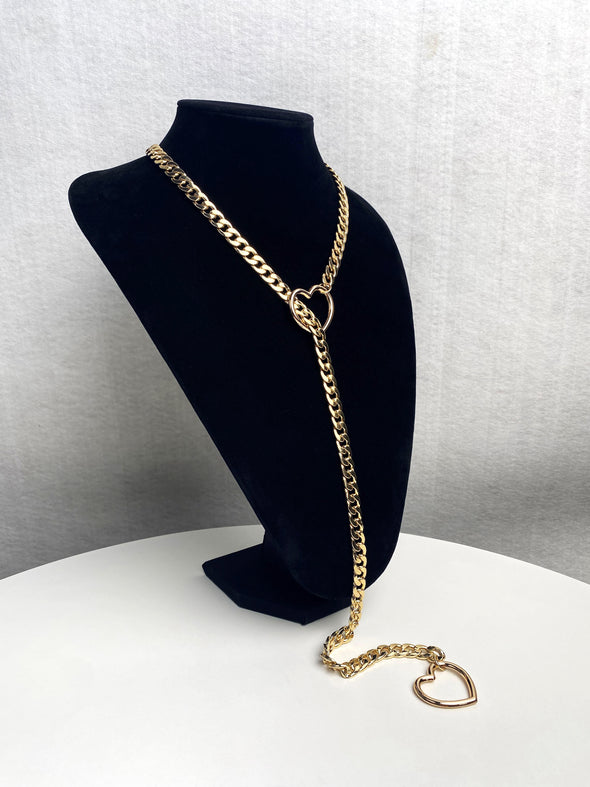 Women's Slip Chain Necklace, Heart Ring SlipChain, Long Cuban Chain Jewelry, Adjustable Y-Lariat Necklace