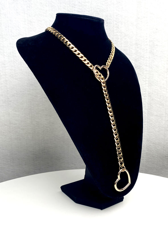 Women's Slip Chain Necklace, Heart Ring SlipChain, Long Cuban Chain Jewelry, Adjustable Y-Lariat Necklace