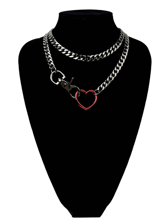 Paloli Women's Red Heart O-Ring Slip Chain Necklace Adjustable Layered Cuban Chain Y-Necklace | Chunky Heart Loop Choker Jewelry for Women