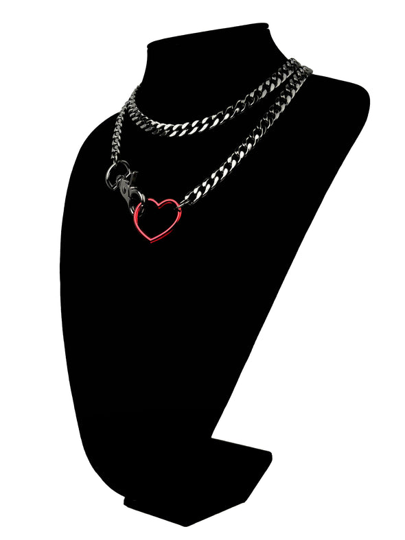 Paloli Women's Red Heart O-Ring Slip Chain Necklace Adjustable Layered Cuban Chain Y-Necklace | Chunky Heart Loop Choker Jewelry for Women