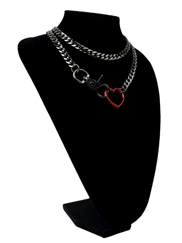 Paloli Women's Red Heart O-Ring Slip Chain Necklace Adjustable Layered Cuban Chain Y-Necklace | Chunky Heart Loop Choker Jewelry for Women