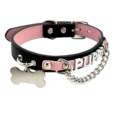 Handmade Cute Black and Pink Necklace Collar, Puppy-Themed PU Leather Letter Choker Collar Necklace For Women