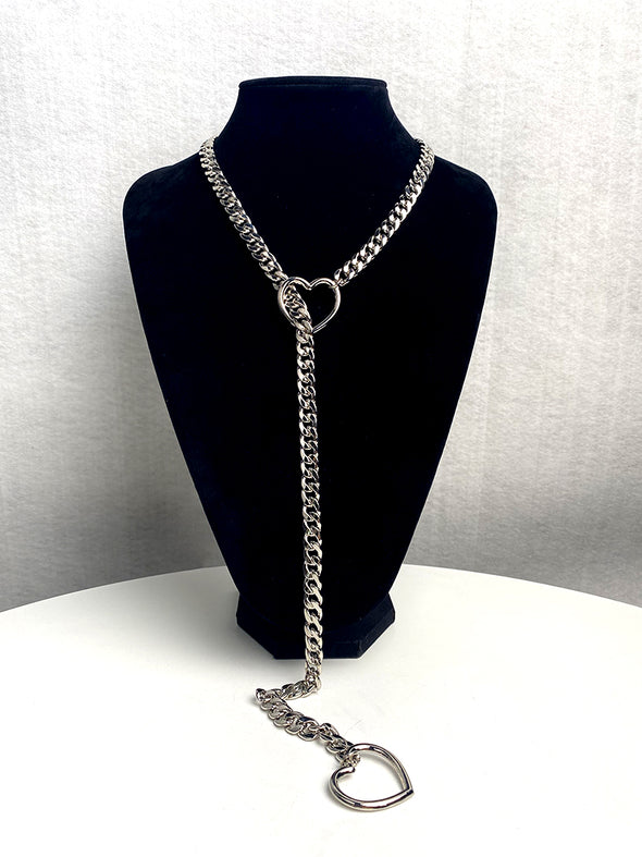 Women's Slip Chain Necklace, Heart Ring SlipChain, Long Cuban Chain Jewelry, Adjustable Y-Lariat Necklace