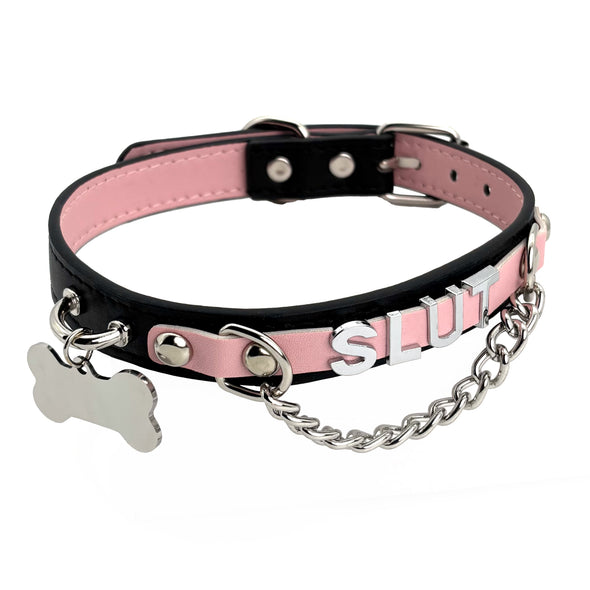 Handmade Cute Black and Pink Necklace Collar, Puppy-Themed PU Leather Letter Choker Collar Necklace For Women