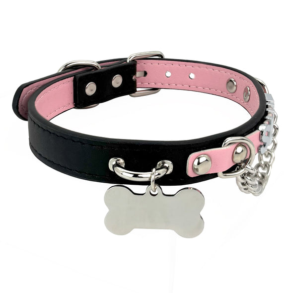 Handmade Cute Black and Pink Necklace Collar, Puppy-Themed PU Leather Letter Choker Collar Necklace For Women