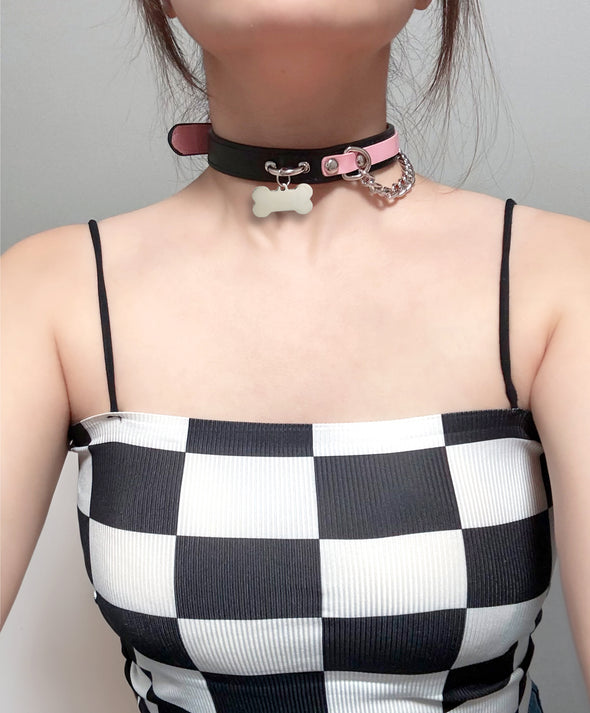 Handmade Cute Black and Pink Necklace Collar, Puppy-Themed PU Leather Letter Choker Collar Necklace For Women