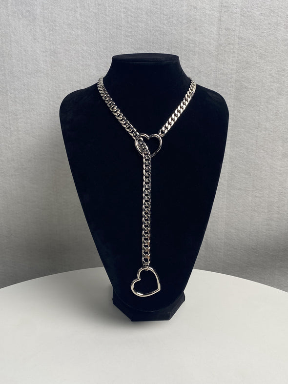 Women's Slip Chain Necklace, Heart Ring SlipChain, Long Cuban Chain Jewelry, Adjustable Y-Lariat Necklace