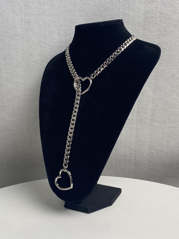 Women's Slip Chain Necklace, Heart Ring SlipChain, Long Cuban Chain Jewelry, Adjustable Y-Lariat Necklace