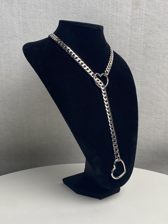 Women's Slip Chain Necklace, Heart Ring SlipChain, Long Cuban Chain Jewelry, Adjustable Y-Lariat Necklace