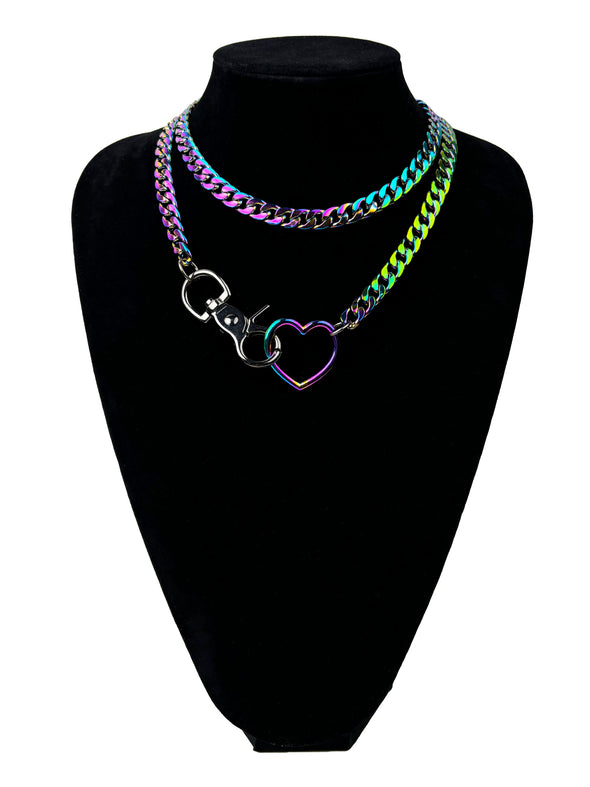 Paloli Women's Rainbow Heart O-Ring Ray Slip Chain Necklace Adjustable Layered Cuban Chain Y-Necklace | Chunky Heart Loop Choker Jewelry for Women