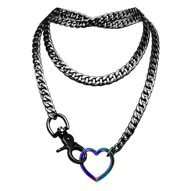 Paloli Women's Rainbow Heart O-Ring Black Slip Chain Necklace Adjustable Layered Cuban Chain Y-Necklace | Chunky Heart Loop Choker Jewelry for Women