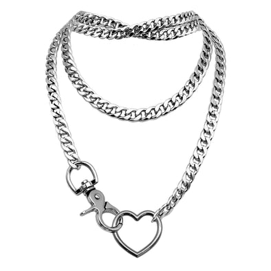 Paloli Women's Silver Heart O-Ring Slip Chain Necklace Adjustable Layered Cuban Chain Y-Necklace | Chunky Heart Loop Choker Jewelry for Women