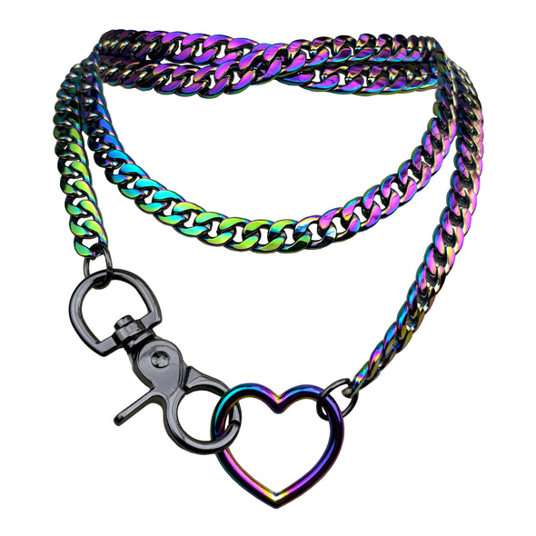 Paloli Women's Rainbow Heart O-Ring Ray Slip Chain Necklace Adjustable Layered Cuban Chain Y-Necklace | Chunky Heart Loop Choker Jewelry for Women